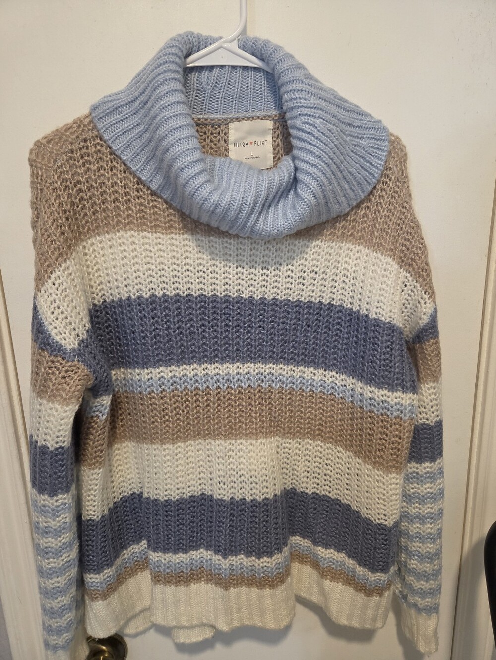 Ultra Flirt Striped Cowl-Neck Sweater in Light Blue, Cream & Tan